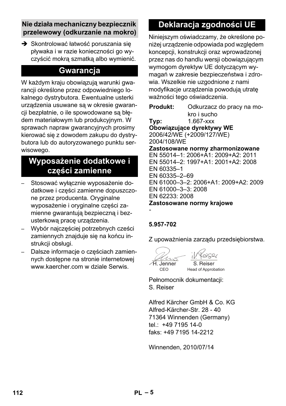 Gwarancja, Wyposażenie dodatkowe i części zamienne, Deklaracja zgodności ue | Karcher NT 70-2 Tc User Manual | Page 112 / 176