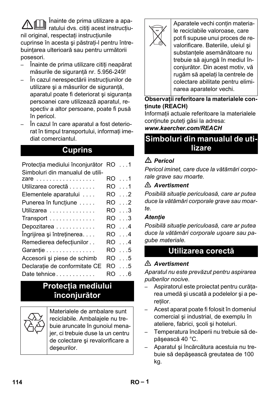 Româneşte, Cuprins, Protecţia mediului înconjurător | Simboluri din manualul de utilizare, Utilizarea corectă | Karcher NT 70-2 Tc User Manual | Page 114 / 176