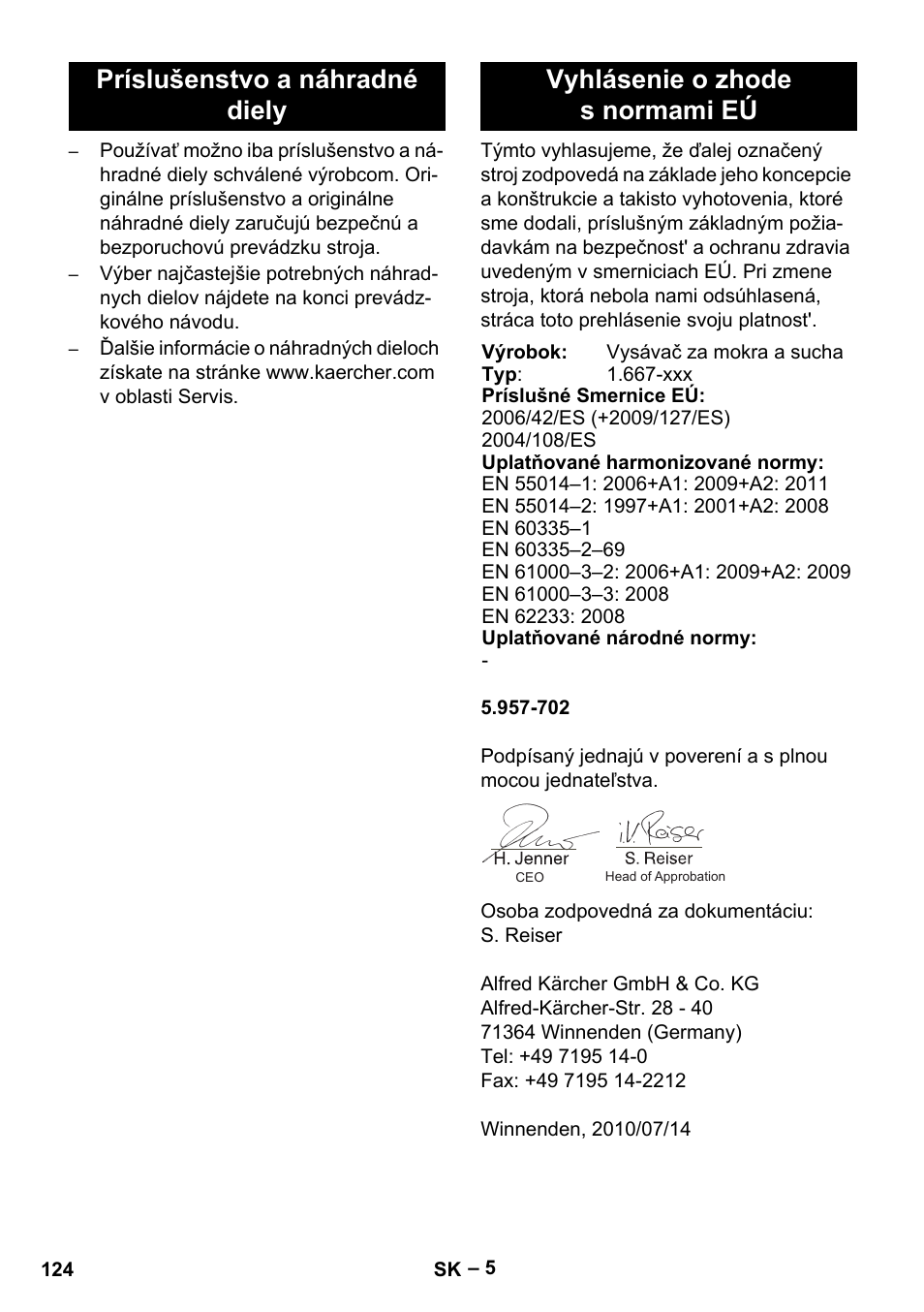 Príslušenstvo a náhradné diely, Vyhlásenie o zhode s normami eú | Karcher NT 70-2 Tc User Manual | Page 124 / 176