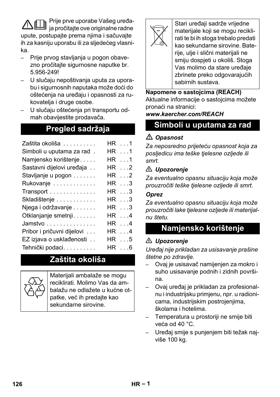 Hrvatski, Pregled sadržaja, Zaštita okoliša | Simboli u uputama za rad, Namjensko korištenje, Simboli u uputama za rad namjensko korištenje | Karcher NT 70-2 Tc User Manual | Page 126 / 176