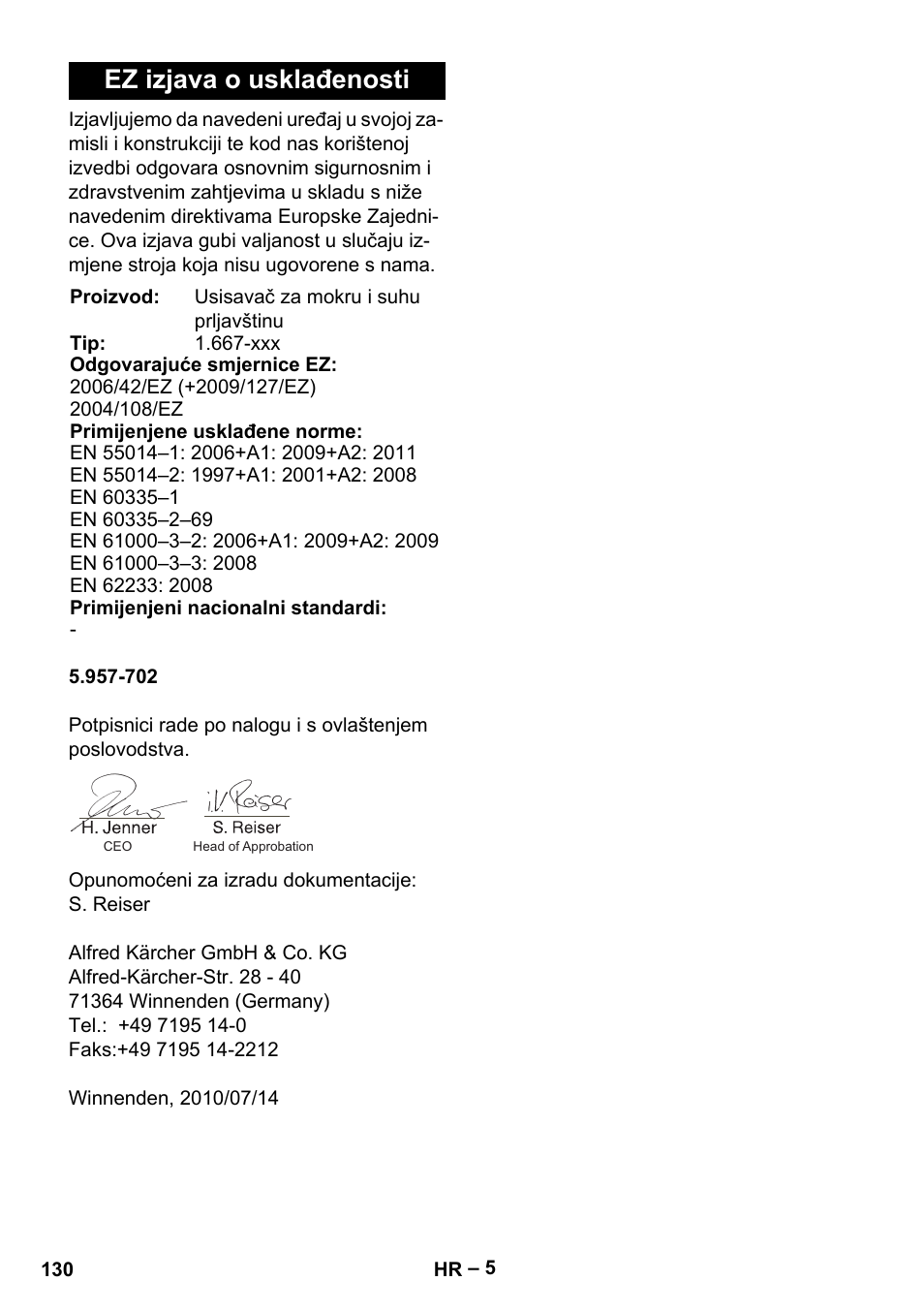 Ez izjava o usklađenosti | Karcher NT 70-2 Tc User Manual | Page 130 / 176