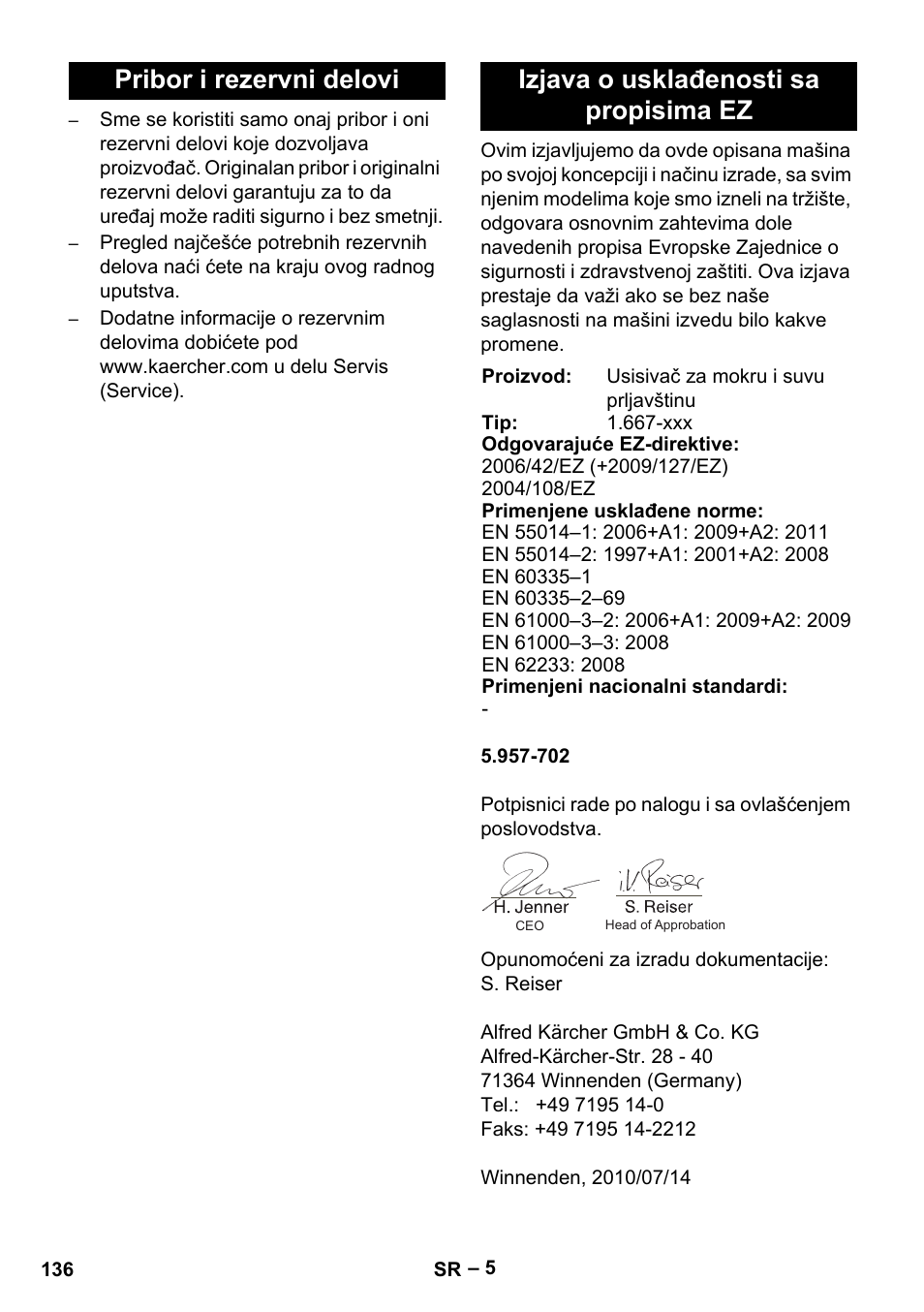 Pribor i rezervni delovi, Izjava o usklađenosti sa propisima ez | Karcher NT 70-2 Tc User Manual | Page 136 / 176