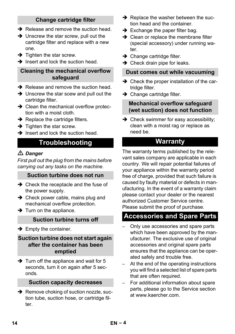 Change cartridge filter, Cleaning the mechanical overflow safeguard, Troubleshooting | Suction turbine does not run, Suction turbine turns off, Suction capacity decreases, Dust comes out while vacuuming, Warranty, Accessories and spare parts, Warranty accessories and spare parts | Karcher NT 70-2 Tc User Manual | Page 14 / 176