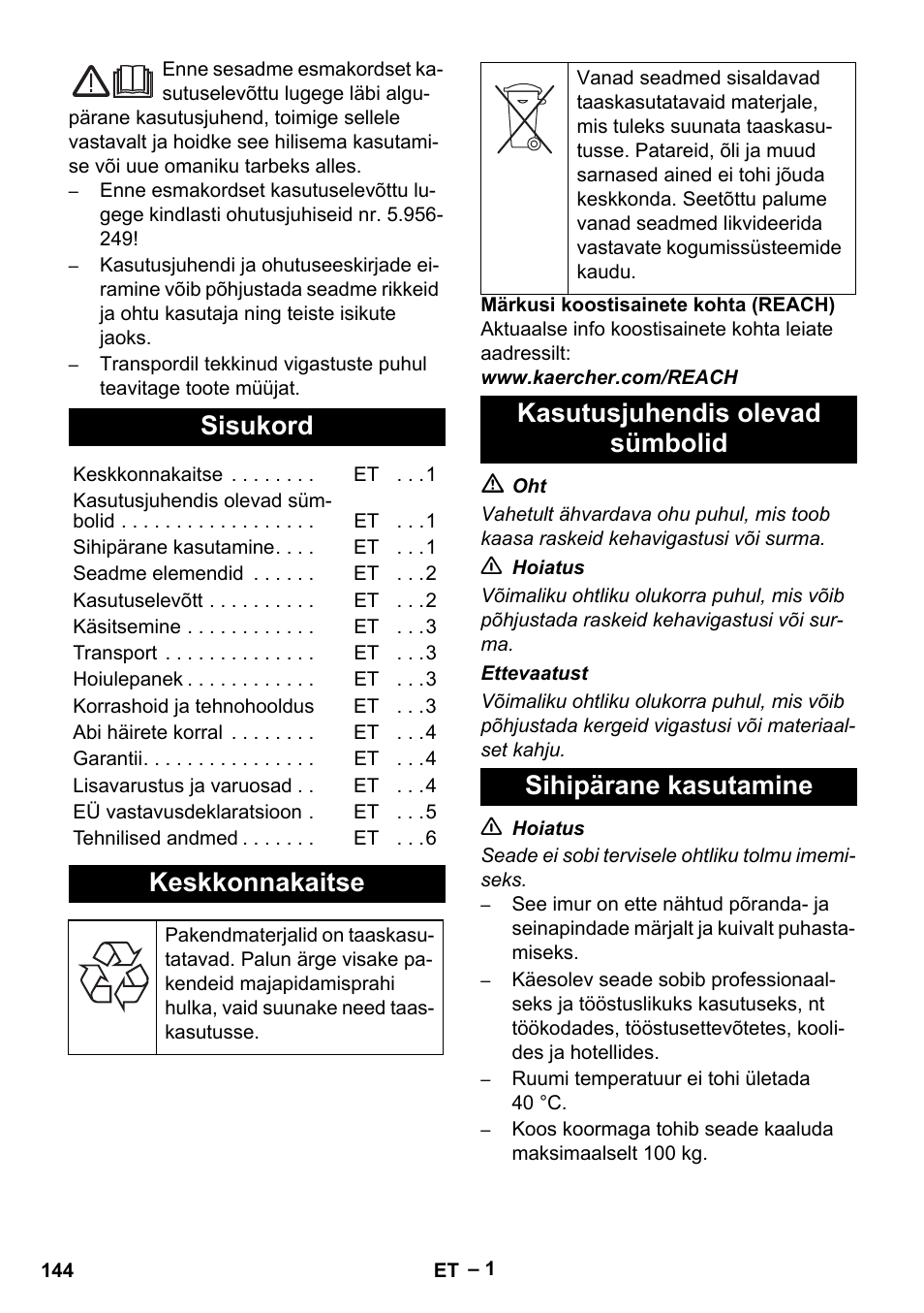 Eesti, Sisukord, Keskkonnakaitse | Kasutusjuhendis olevad sümbolid, Sihipärane kasutamine | Karcher NT 70-2 Tc User Manual | Page 144 / 176