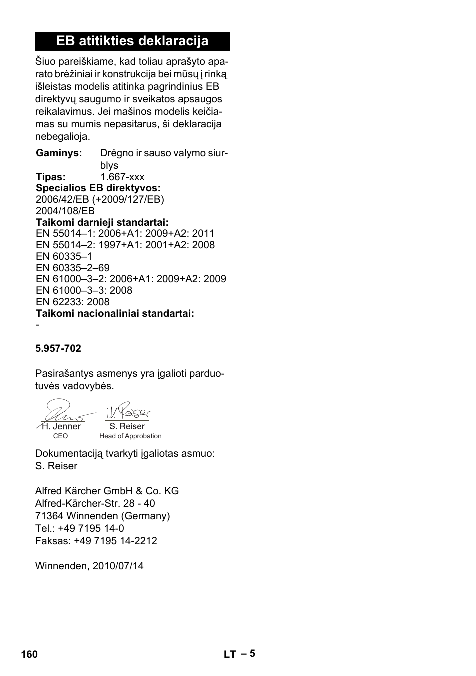 Eb atitikties deklaracija | Karcher NT 70-2 Tc User Manual | Page 160 / 176