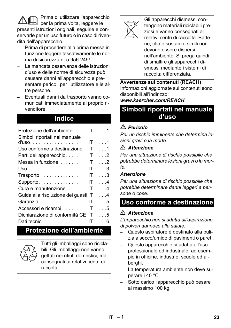 Italiano, Indice, Protezione dell’ambiente | Simboli riportati nel manuale d'uso, Uso conforme a destinazione | Karcher NT 70-2 Tc User Manual | Page 23 / 176