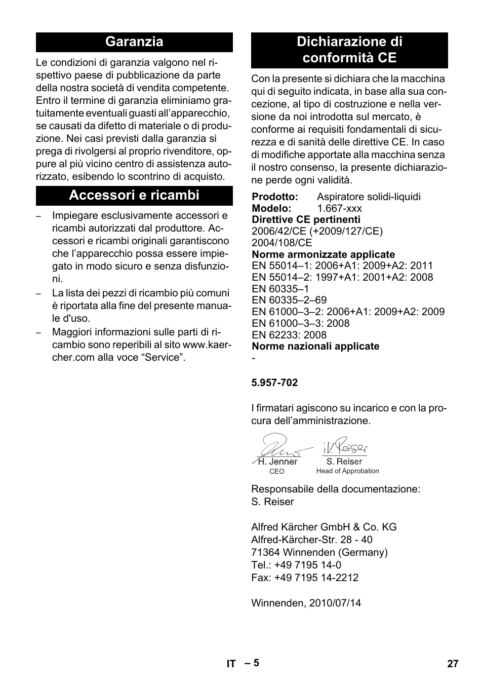 Garanzia, Accessori e ricambi, Dichiarazione di conformità ce | Karcher NT 70-2 Tc User Manual | Page 27 / 176