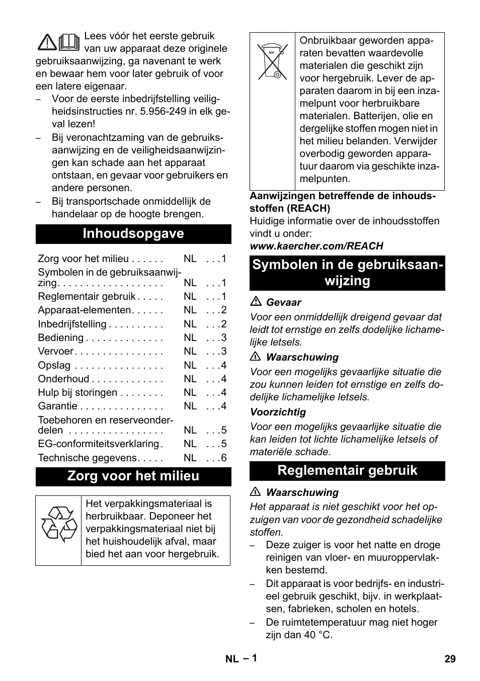 Nederlands, Inhoudsopgave, Zorg voor het milieu | Symbolen in de gebruiksaanwijzing, Reglementair gebruik | Karcher NT 70-2 Tc User Manual | Page 29 / 176