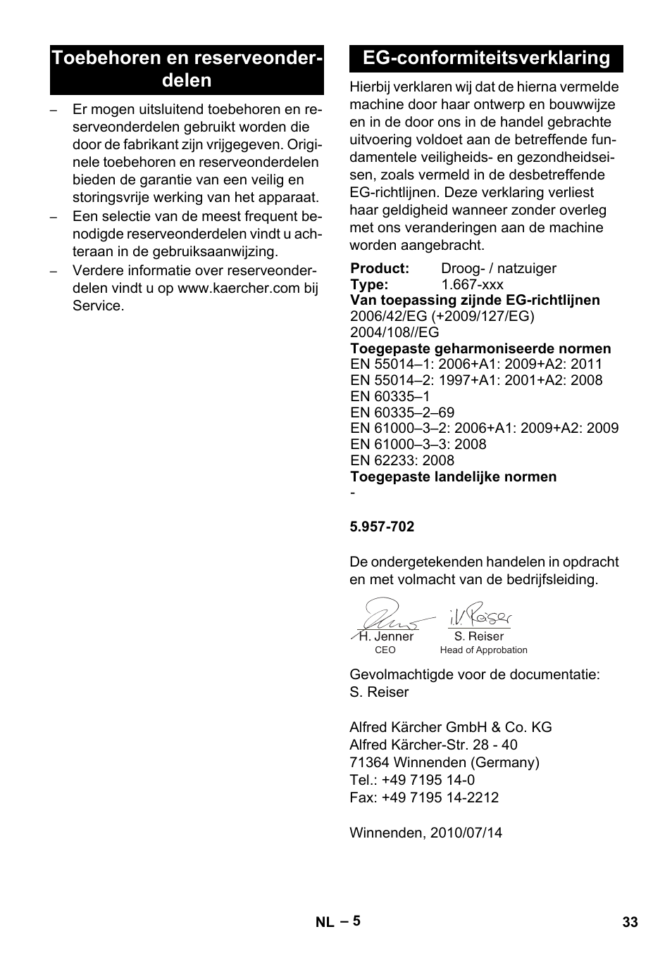 Toebehoren en reserveonderdelen, Eg-conformiteitsverklaring | Karcher NT 70-2 Tc User Manual | Page 33 / 176