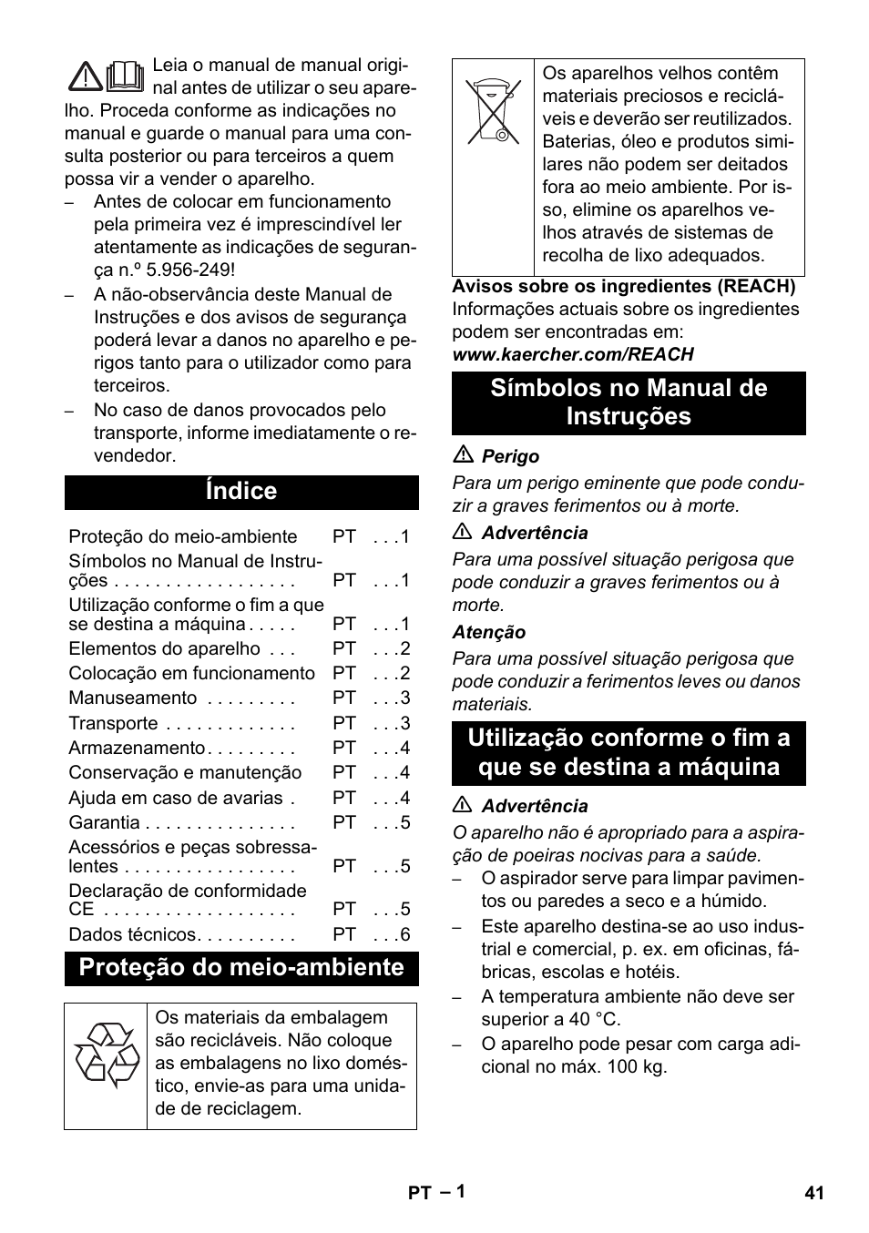 Português, Índice, Proteção do meio-ambiente | Símbolos no manual de instruções | Karcher NT 70-2 Tc User Manual | Page 41 / 176