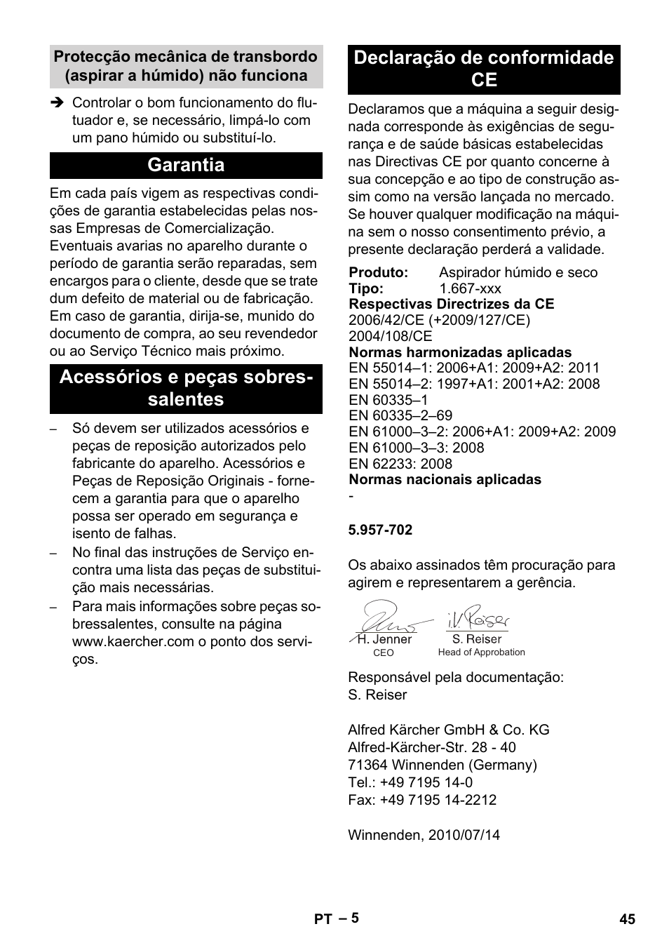 Garantia, Acessórios e peças sobressalentes, Declaração de conformidade ce | Karcher NT 70-2 Tc User Manual | Page 45 / 176
