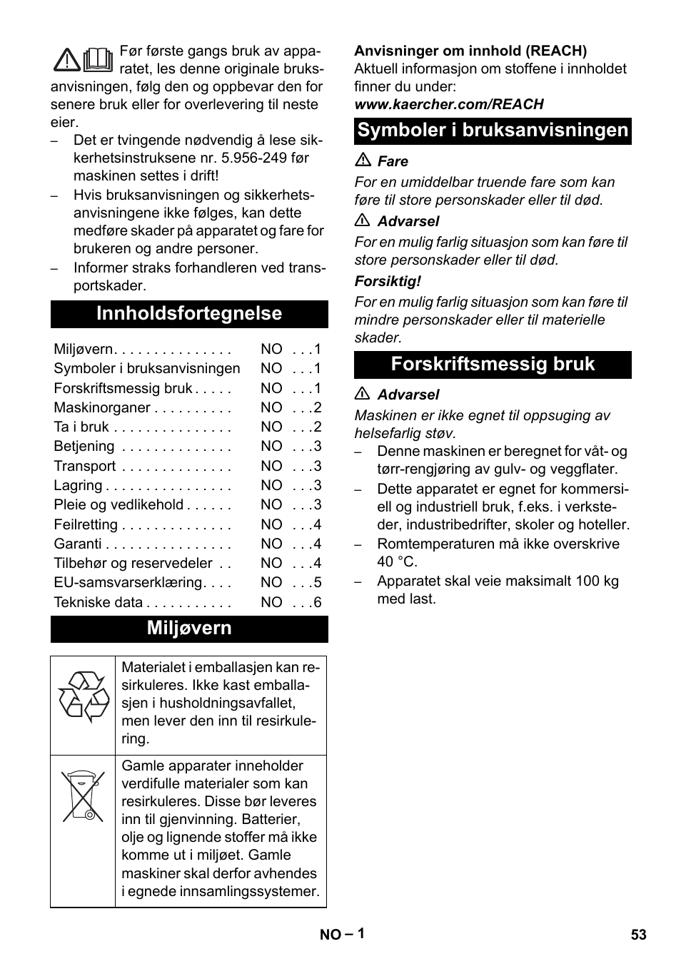 Norsk, Innholdsfortegnelse, Miljøvern | Symboler i bruksanvisningen, Forskriftsmessig bruk, Symboler i bruksanvisningen forskriftsmessig bruk | Karcher NT 70-2 Tc User Manual | Page 53 / 176