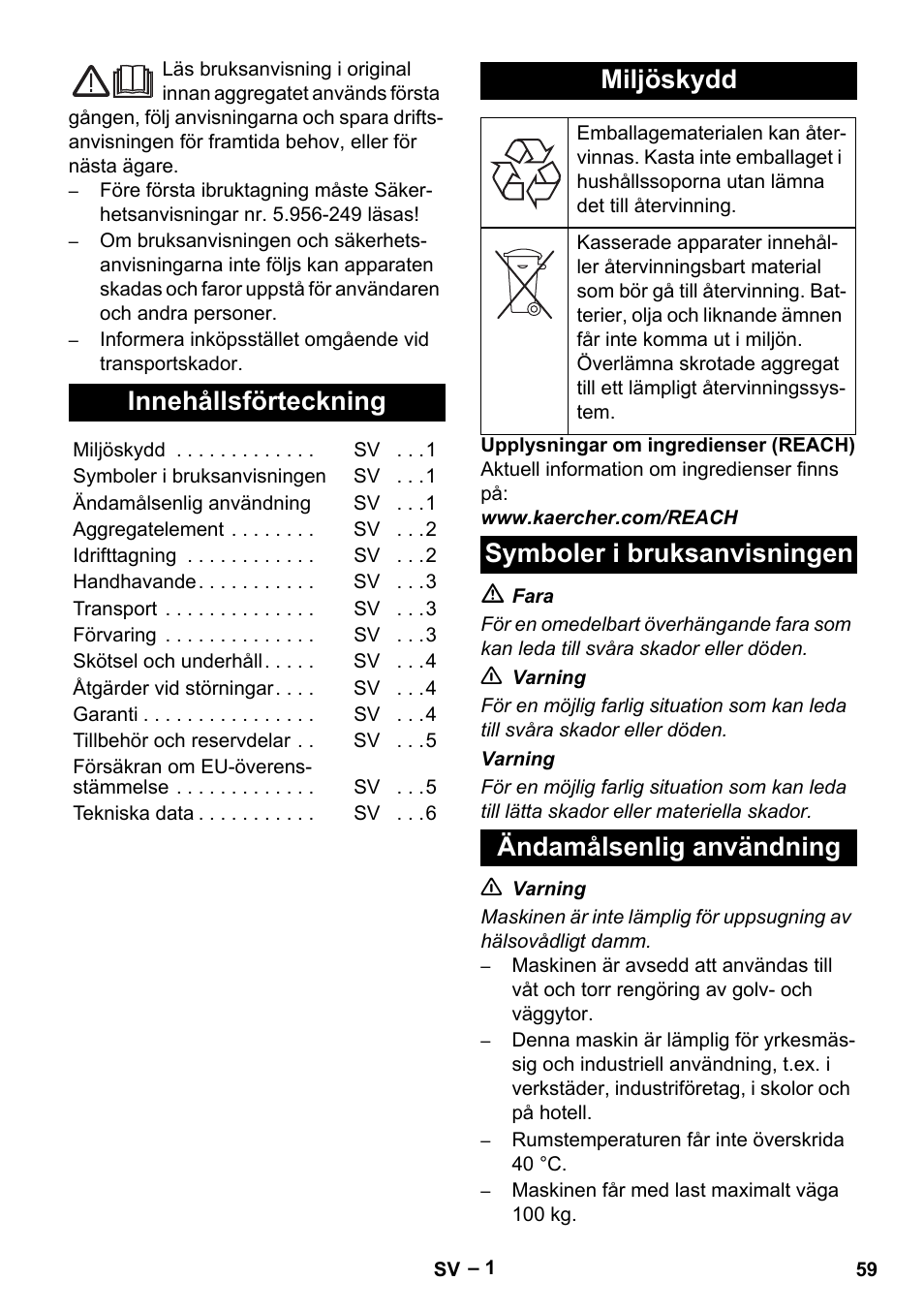 Svenska, Innehållsförteckning, Miljöskydd | Symboler i bruksanvisningen, Ändamålsenlig användning | Karcher NT 70-2 Tc User Manual | Page 59 / 176