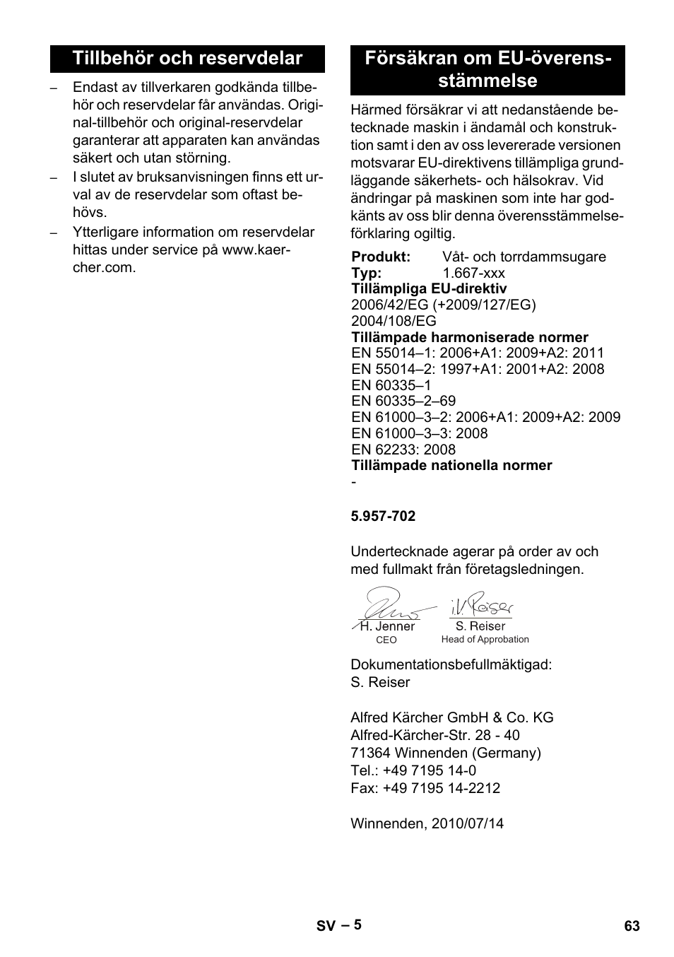 Tillbehör och reservdelar, Försäkran om eu-överensstämmelse | Karcher NT 70-2 Tc User Manual | Page 63 / 176