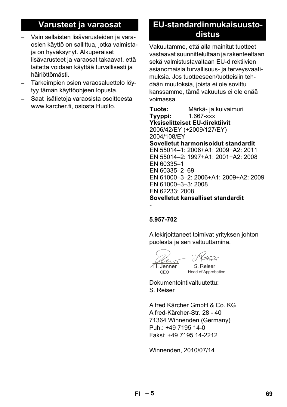 Varusteet ja varaosat, Eu-standardinmukaisuustodistus | Karcher NT 70-2 Tc User Manual | Page 69 / 176