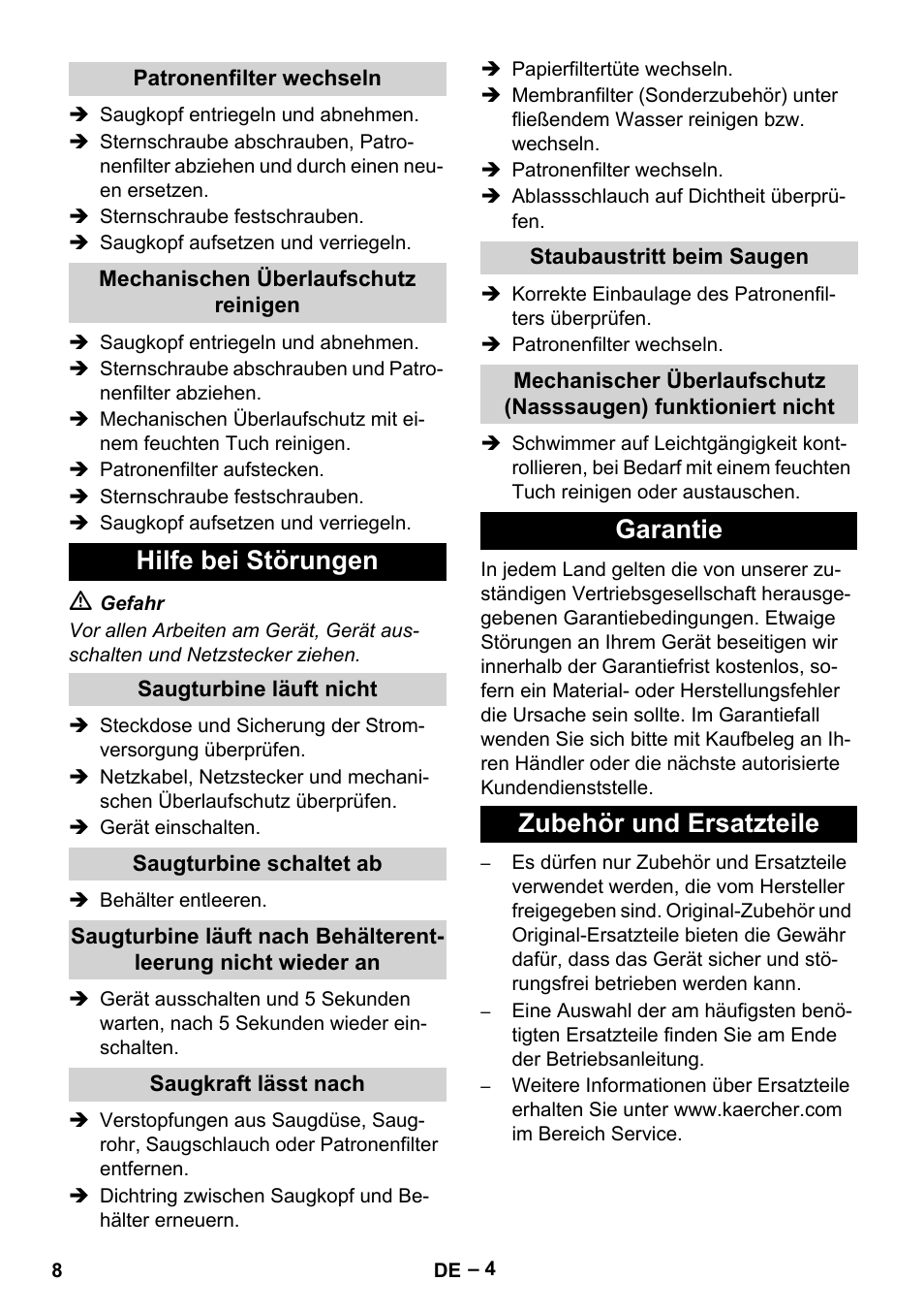 Patronenfilter wechseln, Mechanischen überlaufschutz reinigen, Hilfe bei störungen | Saugturbine läuft nicht, Saugturbine schaltet ab, Saugkraft lässt nach, Staubaustritt beim saugen, Garantie, Zubehör und ersatzteile, Garantie zubehör und ersatzteile | Karcher NT 70-2 Tc User Manual | Page 8 / 176