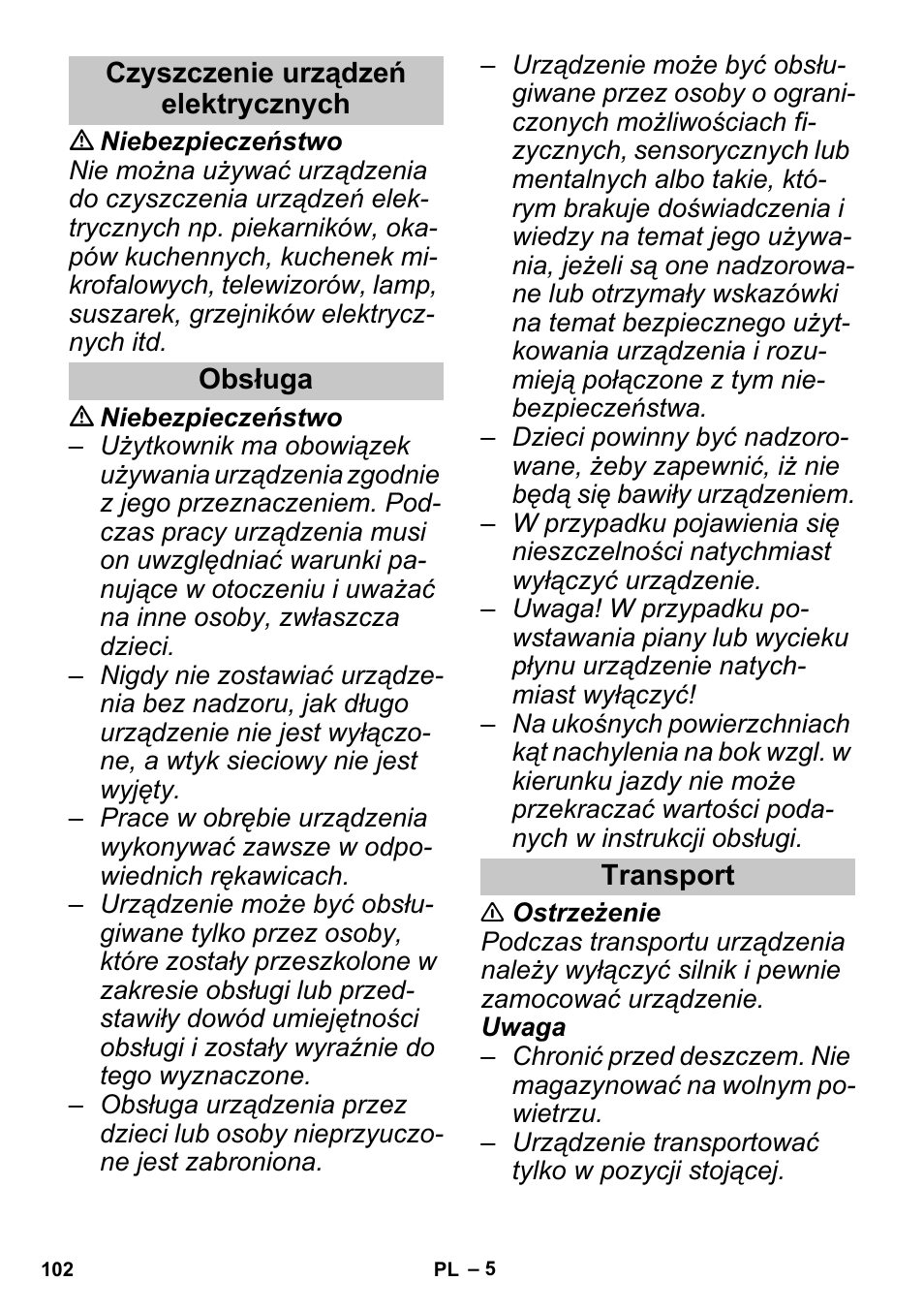 Czyszczenie urządzeń elektrycznych, Obsługa, Transport | Karcher SGV 8-5 User Manual | Page 102 / 156