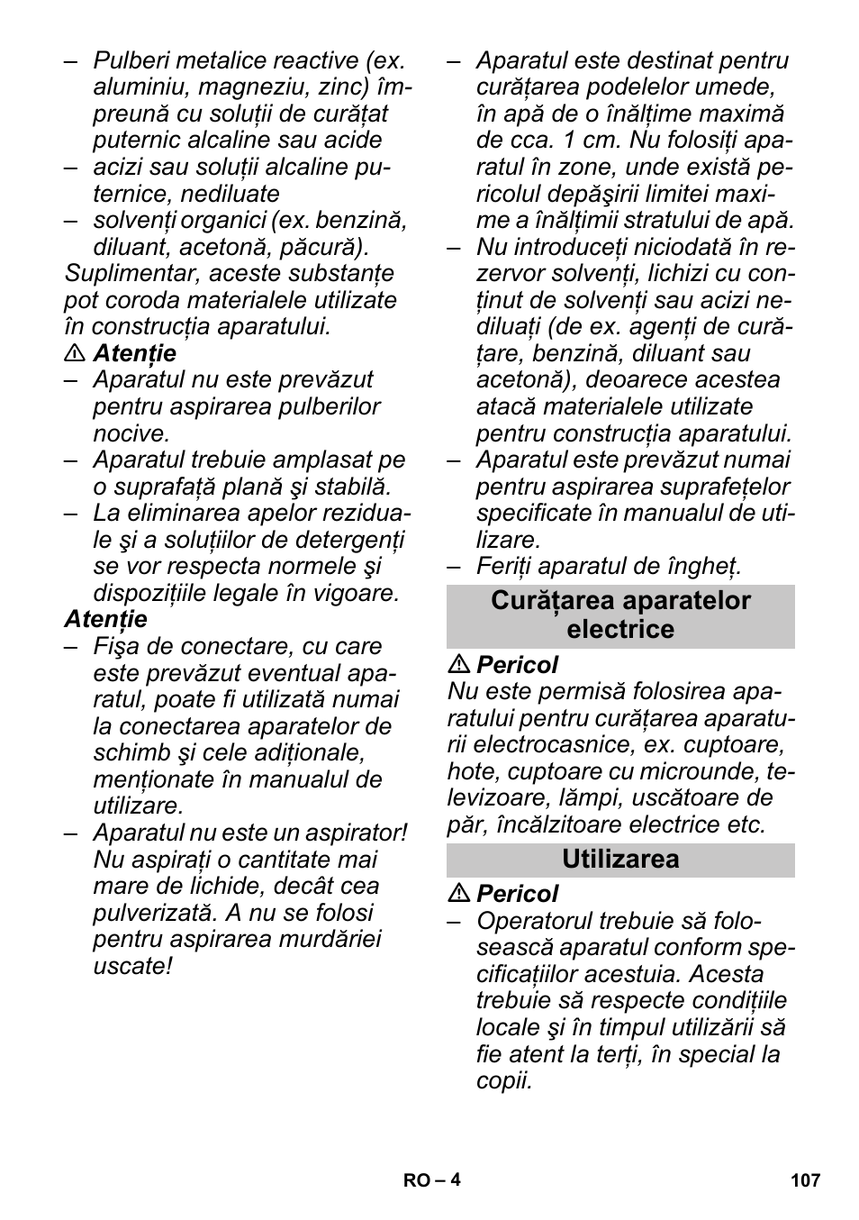 Curăţarea aparatelor electrice, Utilizarea | Karcher SGV 8-5 User Manual | Page 107 / 156