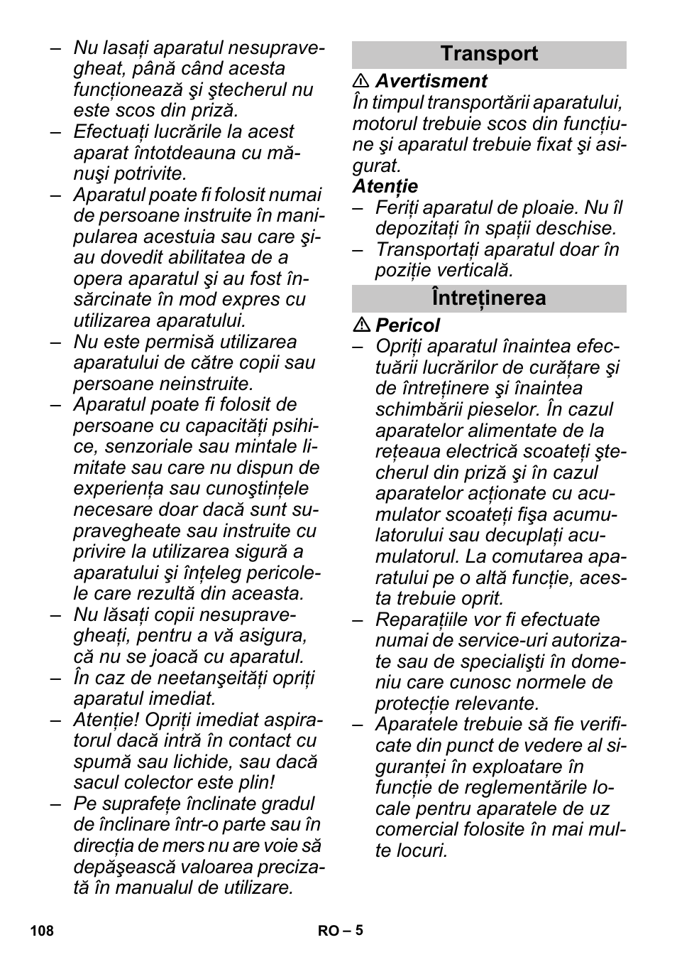 Transport, Întreţinerea | Karcher SGV 8-5 User Manual | Page 108 / 156