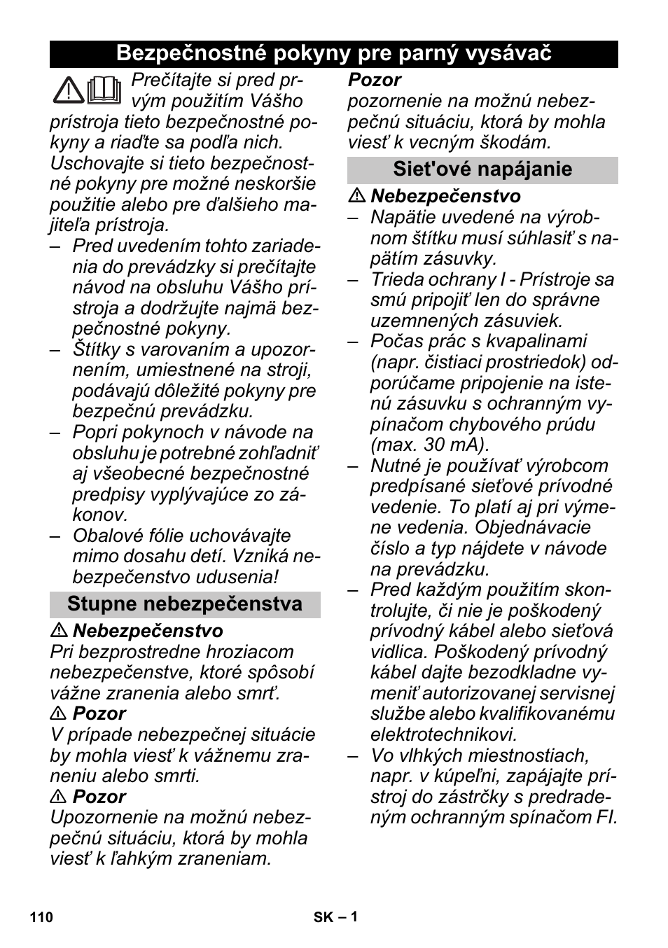 Slovenčina, Bezpečnostné pokyny pre parný vysávač, Stupne nebezpečenstva | Siet'ové napájanie | Karcher SGV 8-5 User Manual | Page 110 / 156