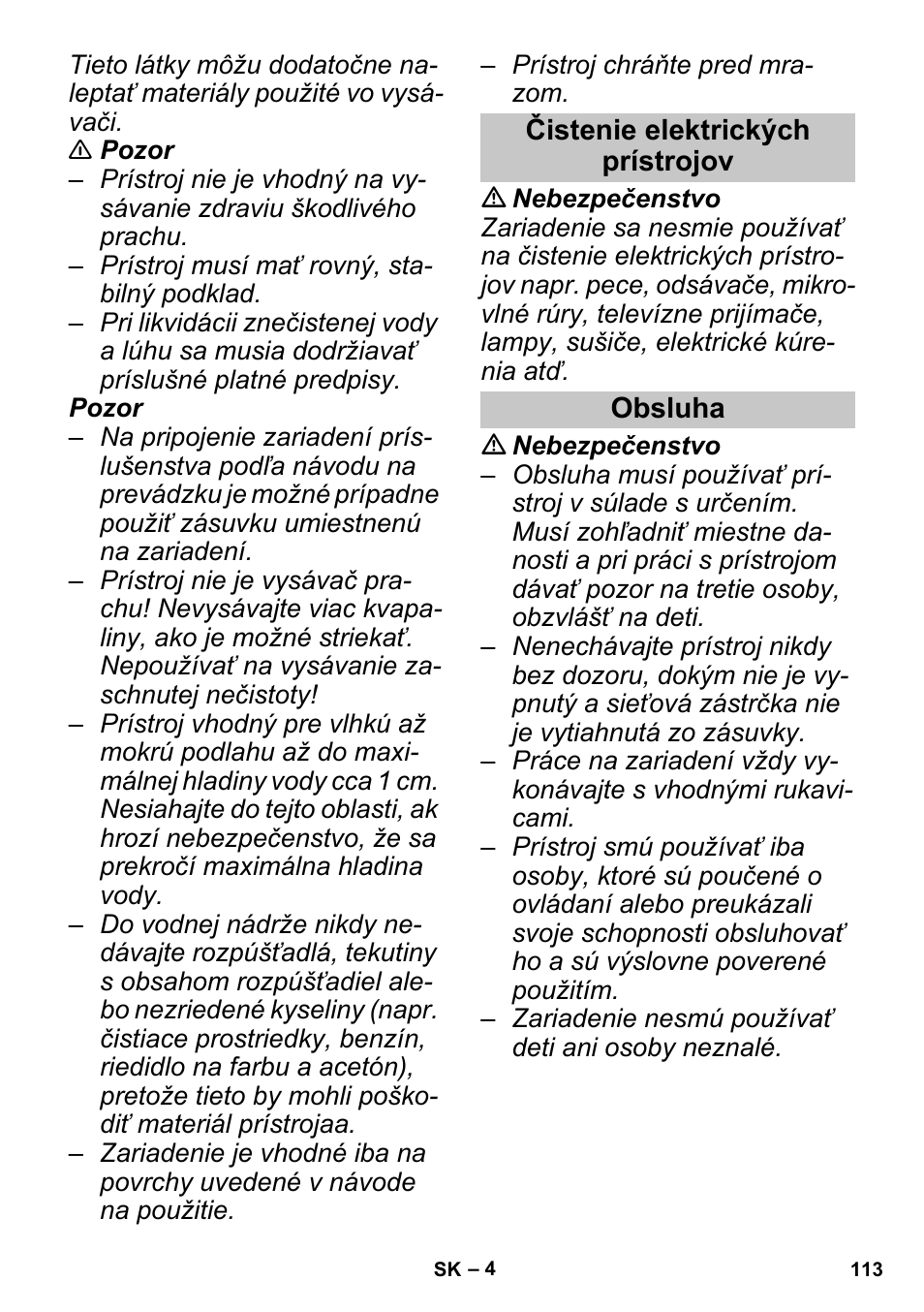 Čistenie elektrických prístrojov, Obsluha | Karcher SGV 8-5 User Manual | Page 113 / 156