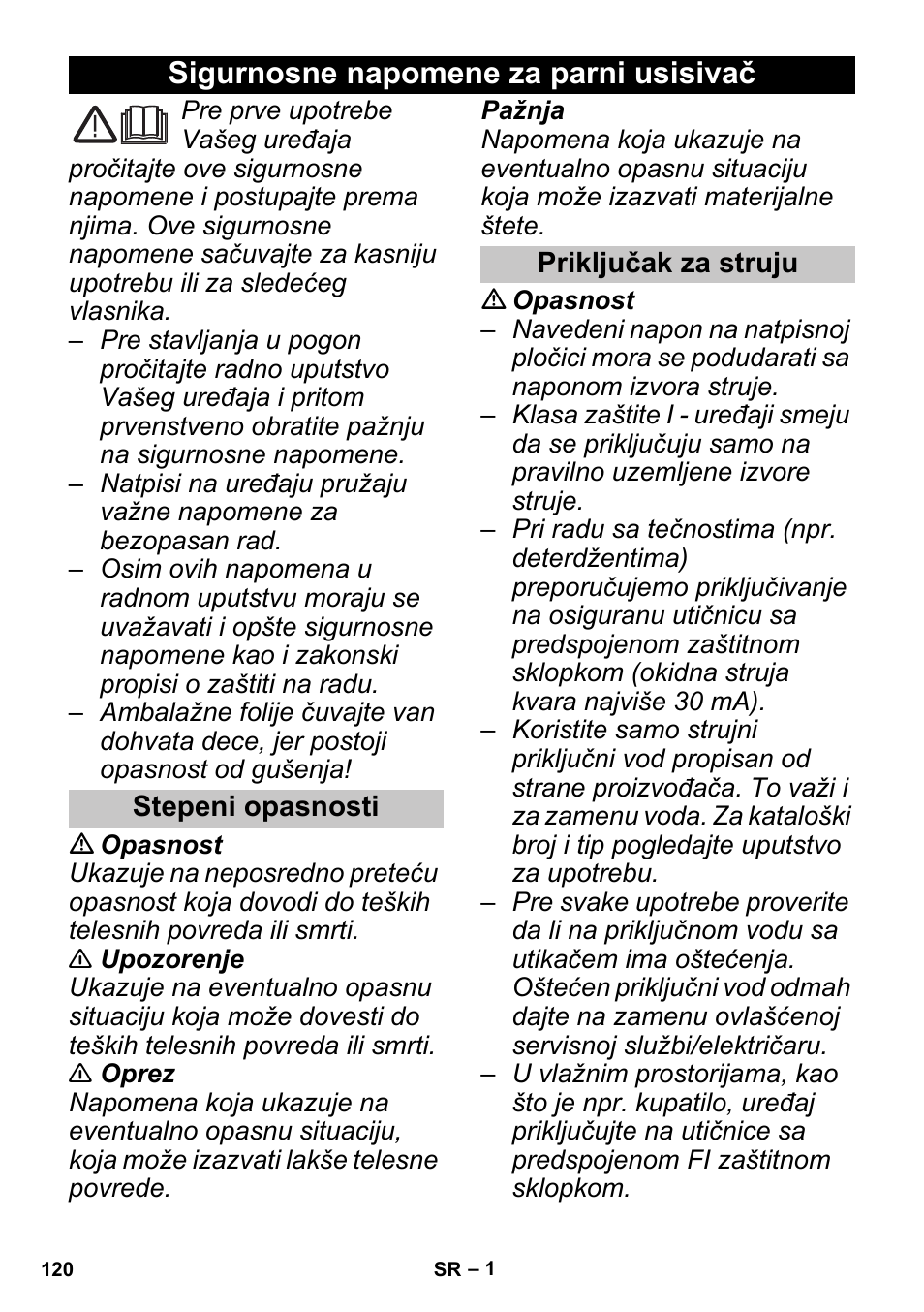 Srpski, Sigurnosne napomene za parni usisivač, Stepeni opasnosti | Priključak za struju | Karcher SGV 8-5 User Manual | Page 120 / 156