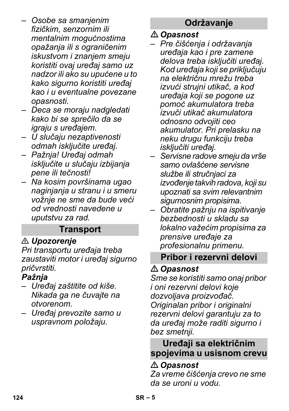 Transport, Održavanje, Pribor i rezervni delovi | Uređaji sa električnim spojevima u usisnom crevu | Karcher SGV 8-5 User Manual | Page 124 / 156