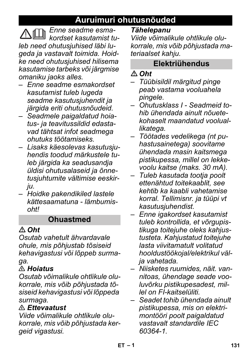Eesti, Auruimuri ohutusnõuded, Ohuastmed | Elektriühendus | Karcher SGV 8-5 User Manual | Page 131 / 156
