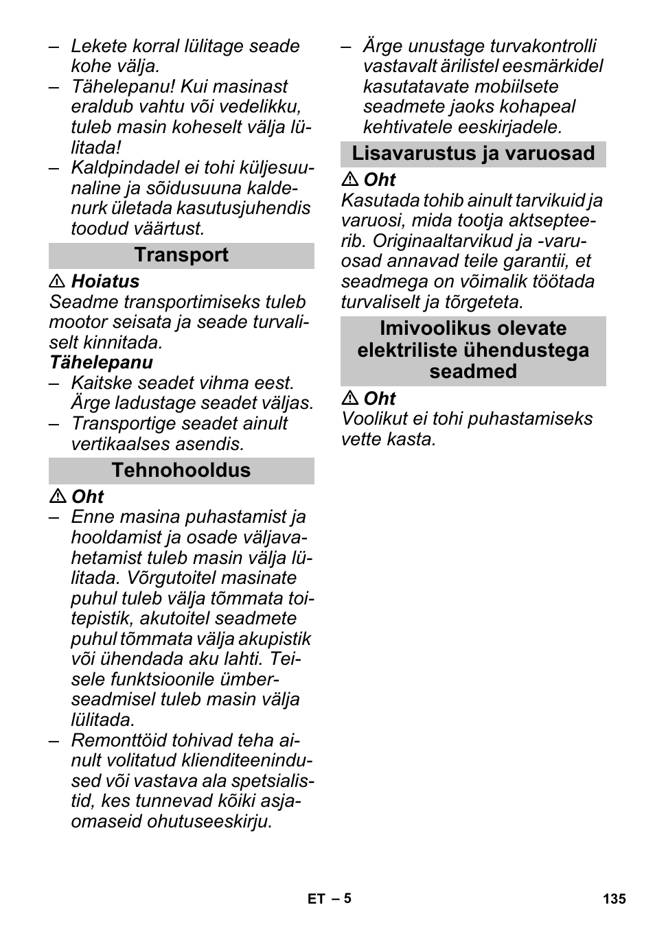 Transport, Tehnohooldus, Lisavarustus ja varuosad | Karcher SGV 8-5 User Manual | Page 135 / 156