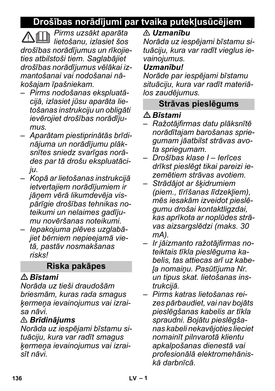 Latviešu, Drošības norādījumi par tvaika putekļusūcējiem, Riska pakāpes | Strāvas pieslēgums | Karcher SGV 8-5 User Manual | Page 136 / 156