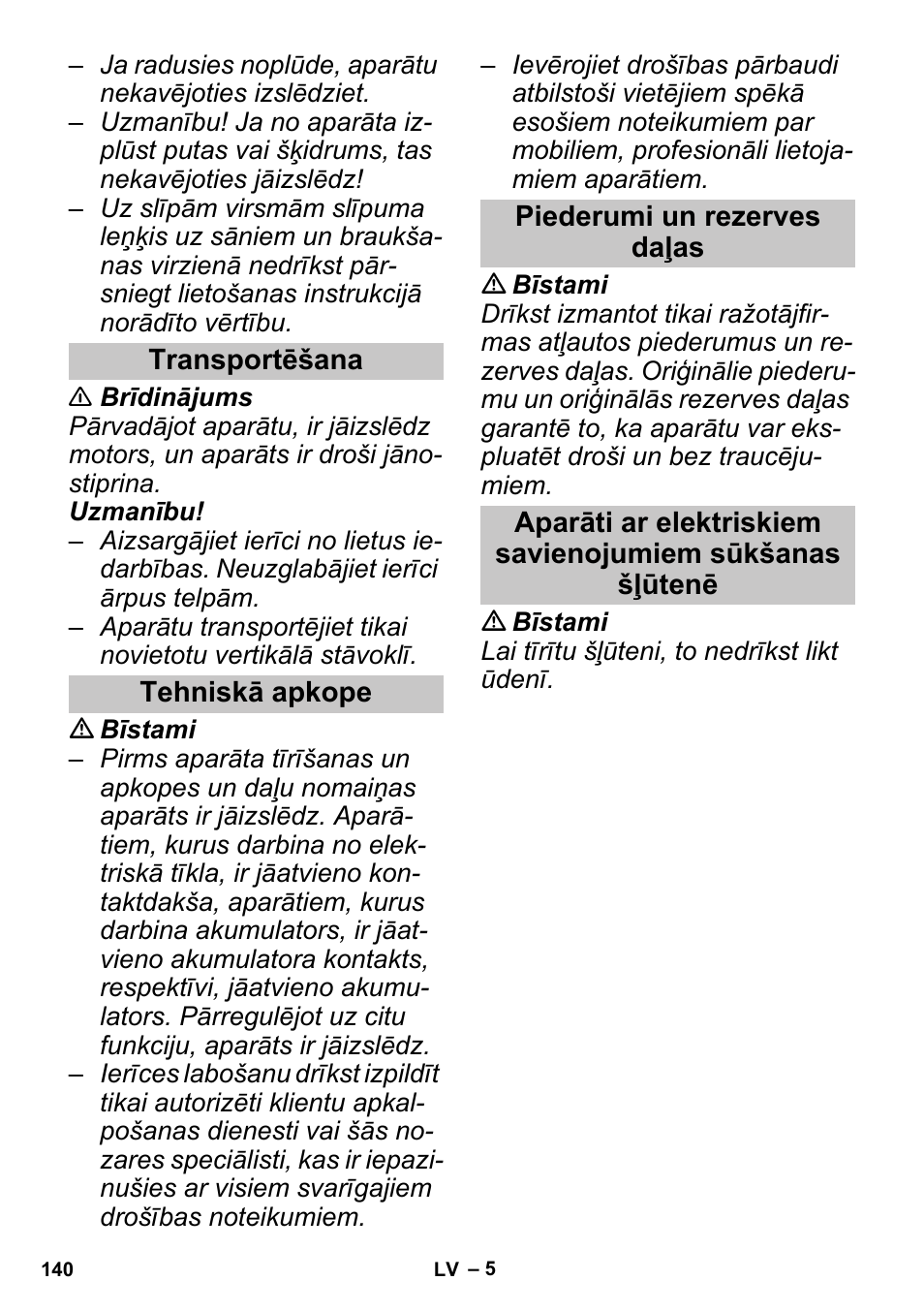 Transportēšana, Tehniskā apkope, Piederumi un rezerves daļas | Karcher SGV 8-5 User Manual | Page 140 / 156