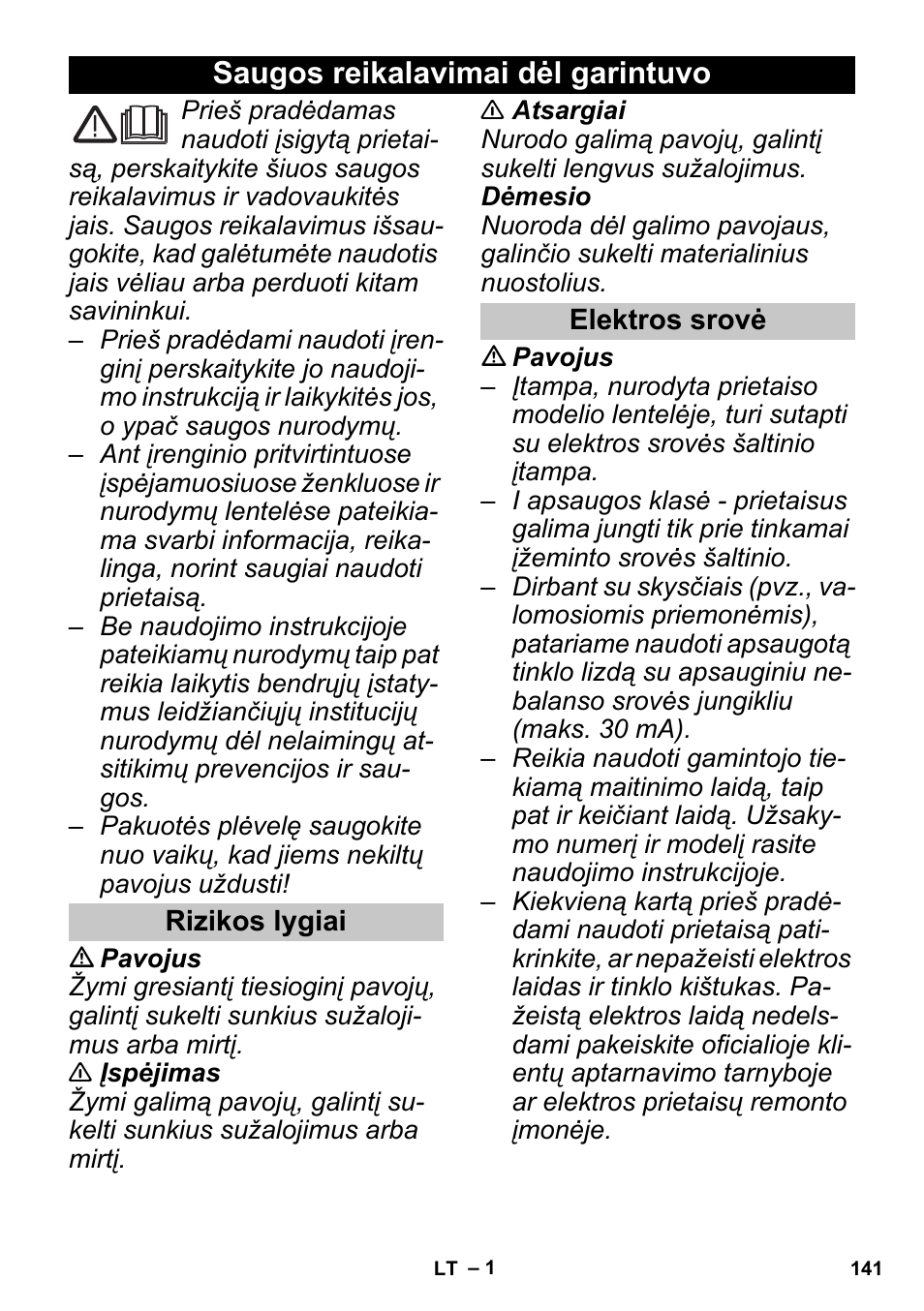 Lietuviškai, Saugos reikalavimai dėl garintuvo, Rizikos lygiai | Elektros srovė | Karcher SGV 8-5 User Manual | Page 141 / 156