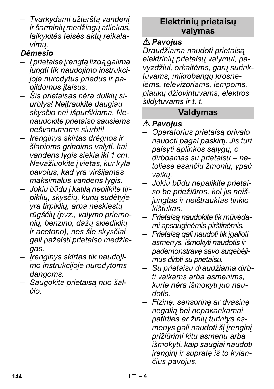 Elektrinių prietaisų valymas, Valdymas | Karcher SGV 8-5 User Manual | Page 144 / 156