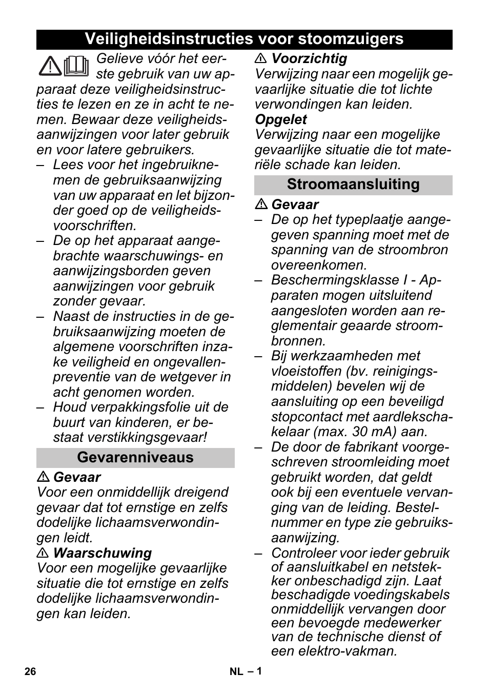 Nederlands, Veiligheidsinstructies voor stoomzuigers, Gevarenniveaus | Stroomaansluiting | Karcher SGV 8-5 User Manual | Page 26 / 156