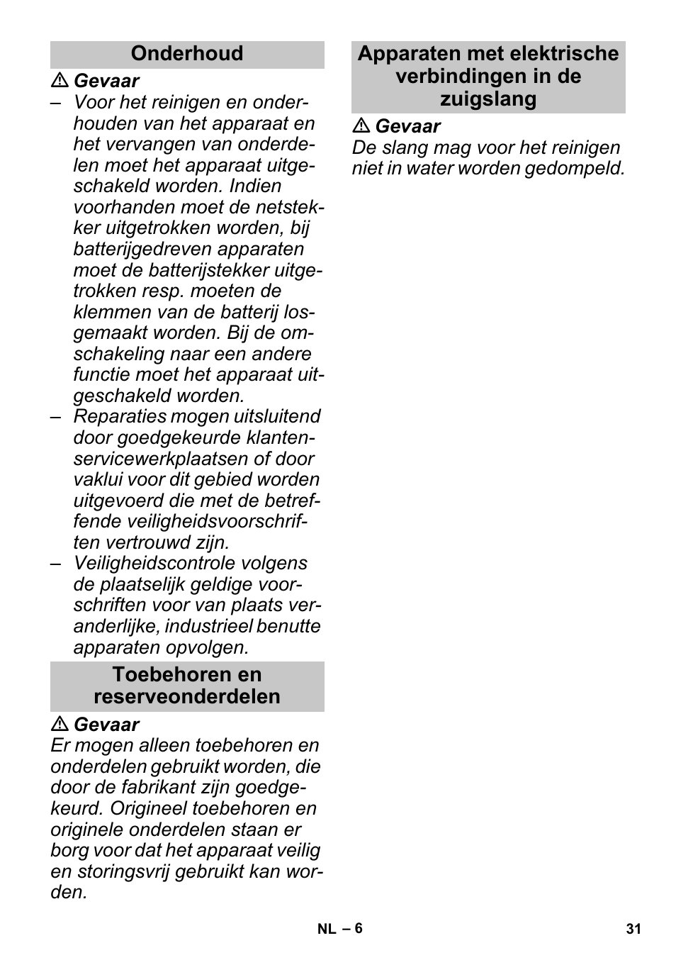 Onderhoud, Toebehoren en reserveonderdelen | Karcher SGV 8-5 User Manual | Page 31 / 156