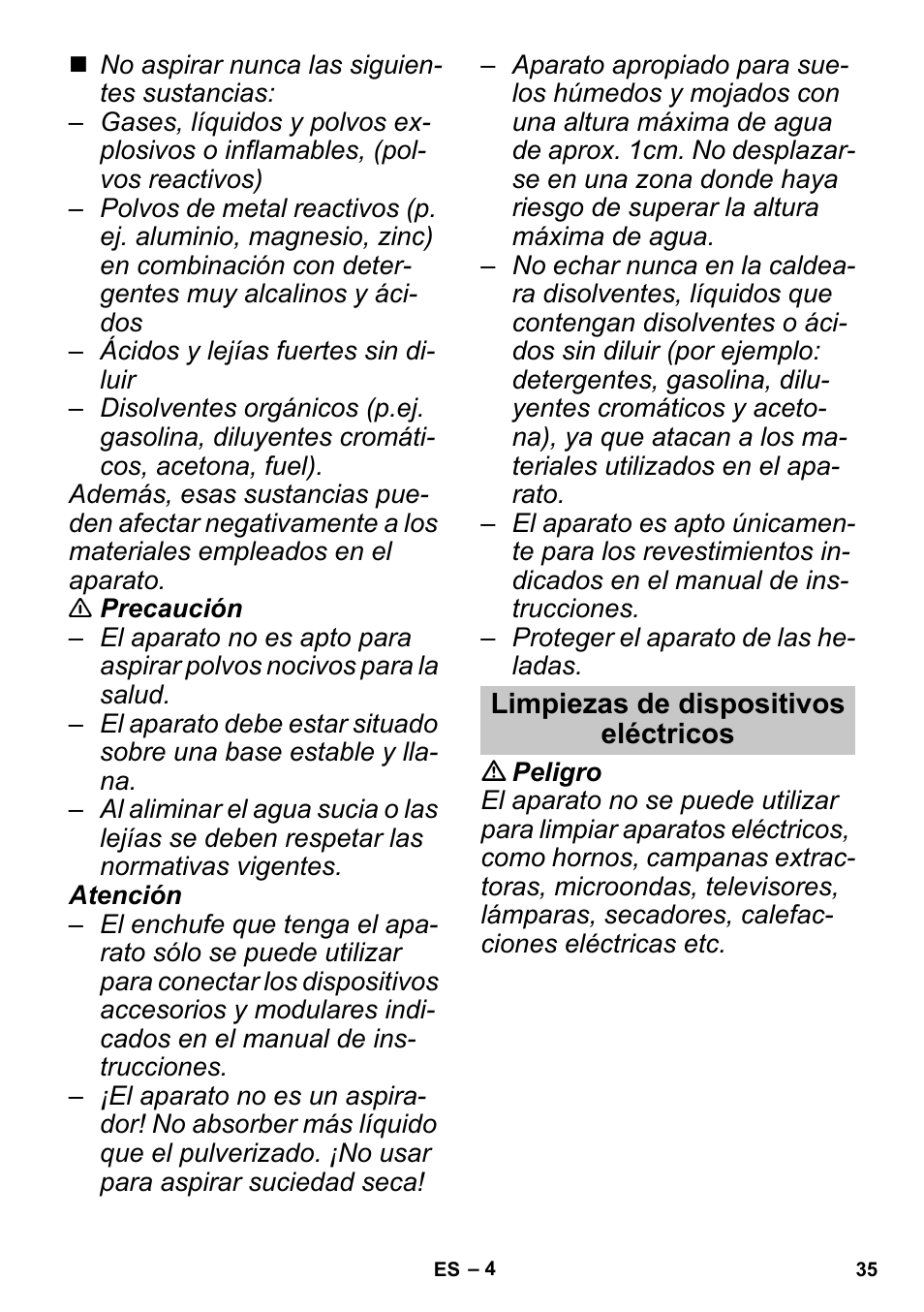 Limpiezas de dispositivos eléctricos | Karcher SGV 8-5 User Manual | Page 35 / 156