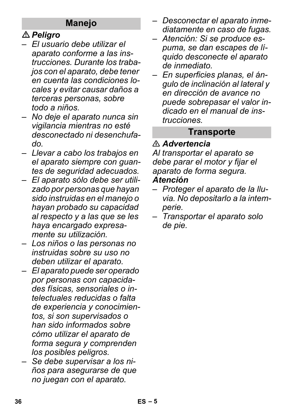 Manejo, Transporte | Karcher SGV 8-5 User Manual | Page 36 / 156