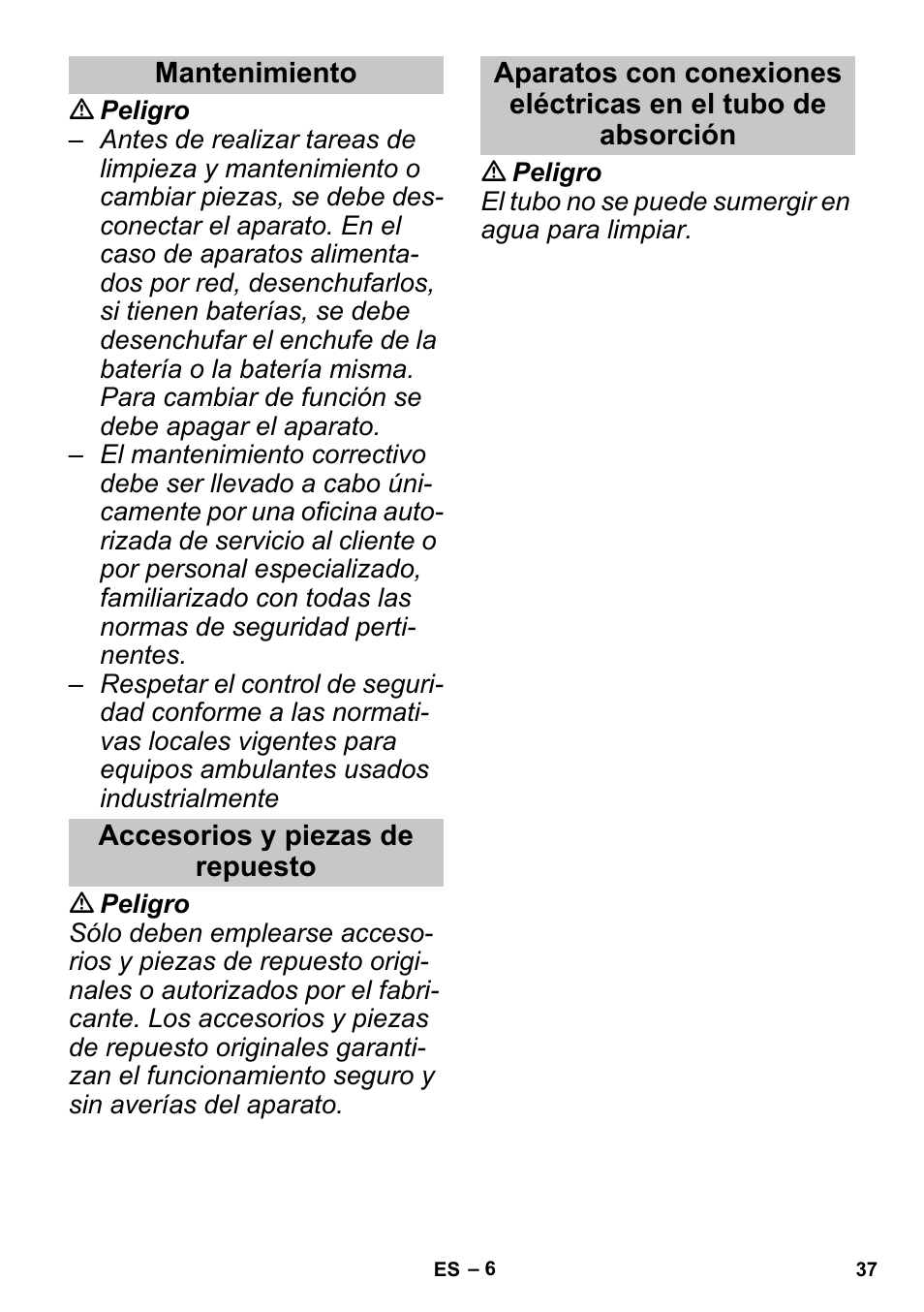 Mantenimiento, Accesorios y piezas de repuesto | Karcher SGV 8-5 User Manual | Page 37 / 156