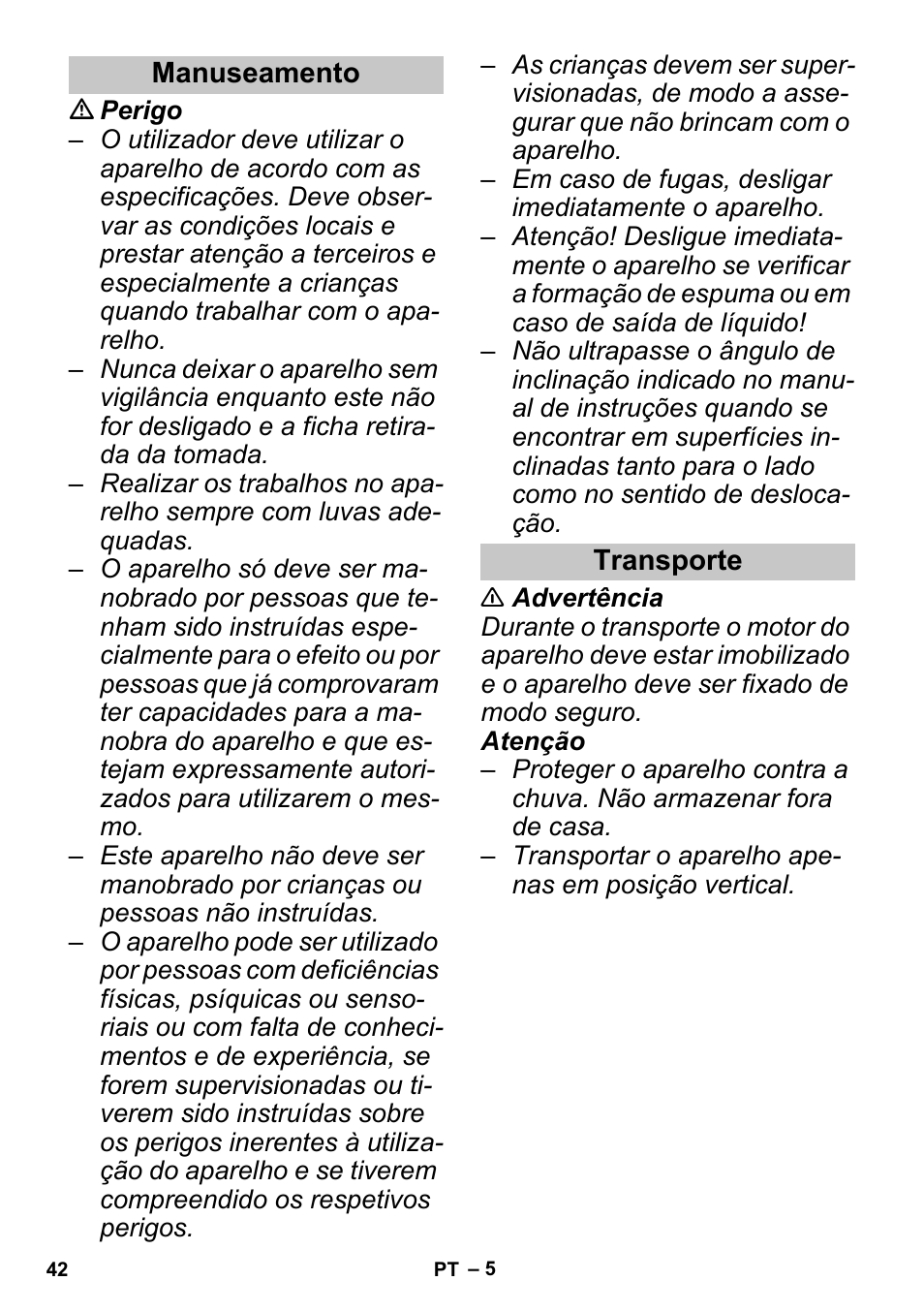 Manuseamento, Transporte | Karcher SGV 8-5 User Manual | Page 42 / 156