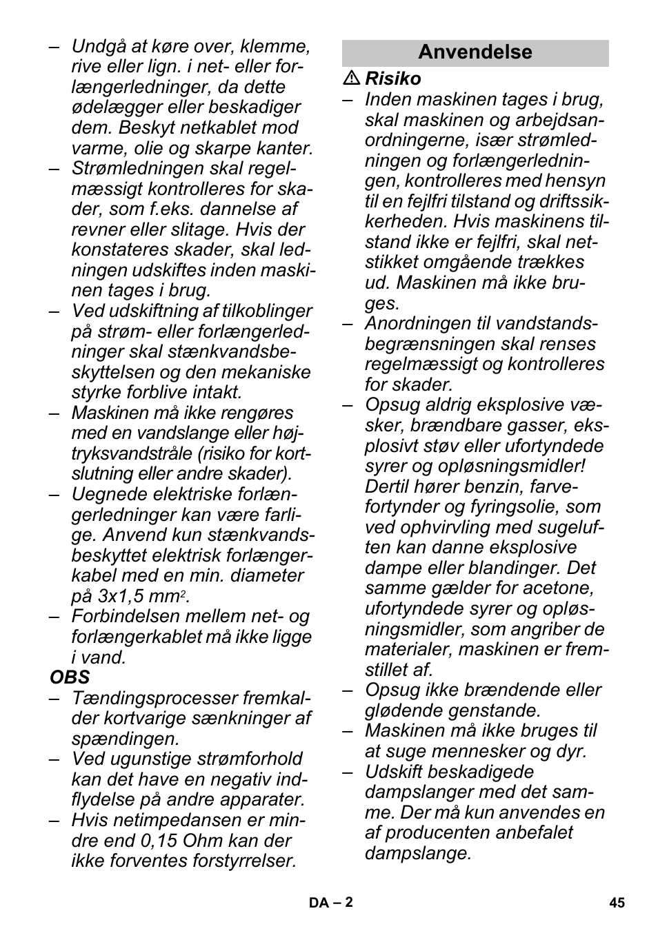 Anvendelse | Karcher SGV 8-5 User Manual | Page 45 / 156