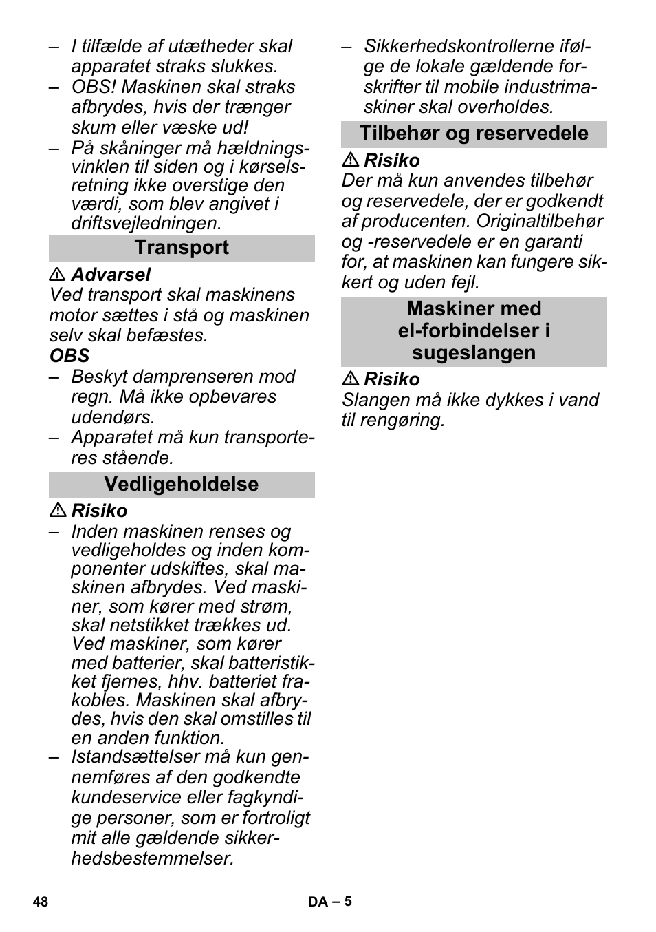 Transport, Vedligeholdelse, Tilbehør og reservedele | Maskiner med el-forbindelser i sugeslangen | Karcher SGV 8-5 User Manual | Page 48 / 156