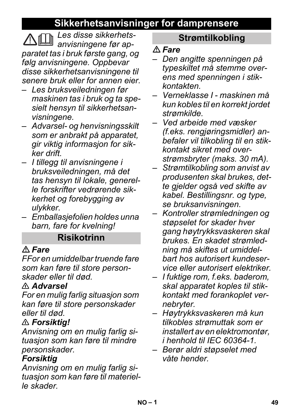 Norsk, Sikkerhetsanvisninger for damprensere, Risikotrinn | Strømtilkobling | Karcher SGV 8-5 User Manual | Page 49 / 156