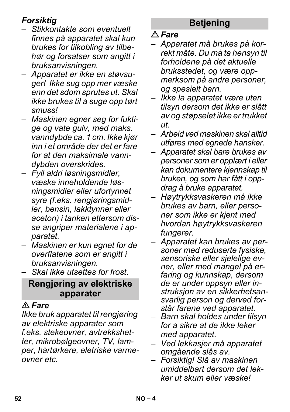 Rengjøring av elektriske apparater, Betjening | Karcher SGV 8-5 User Manual | Page 52 / 156