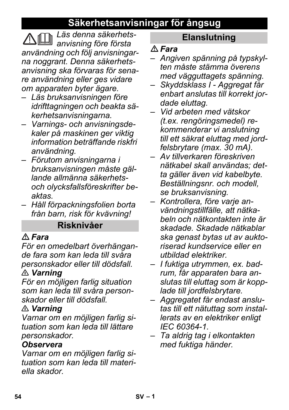 Svenska, Säkerhetsanvisningar för ångsug, Risknivåer | Elanslutning | Karcher SGV 8-5 User Manual | Page 54 / 156