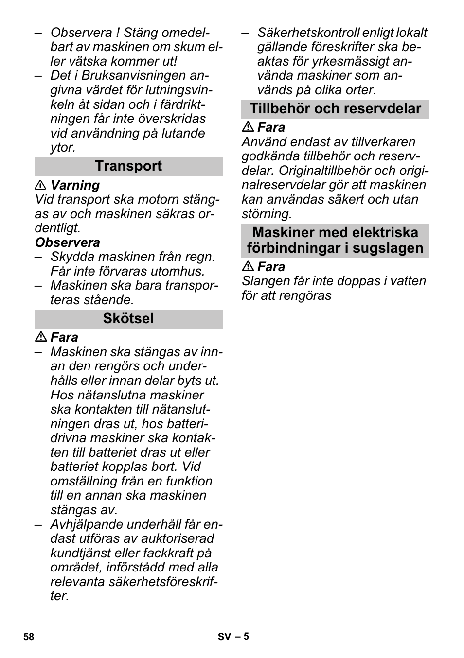 Transport, Skötsel, Tillbehör och reservdelar | Maskiner med elektriska förbindningar i sugslagen | Karcher SGV 8-5 User Manual | Page 58 / 156