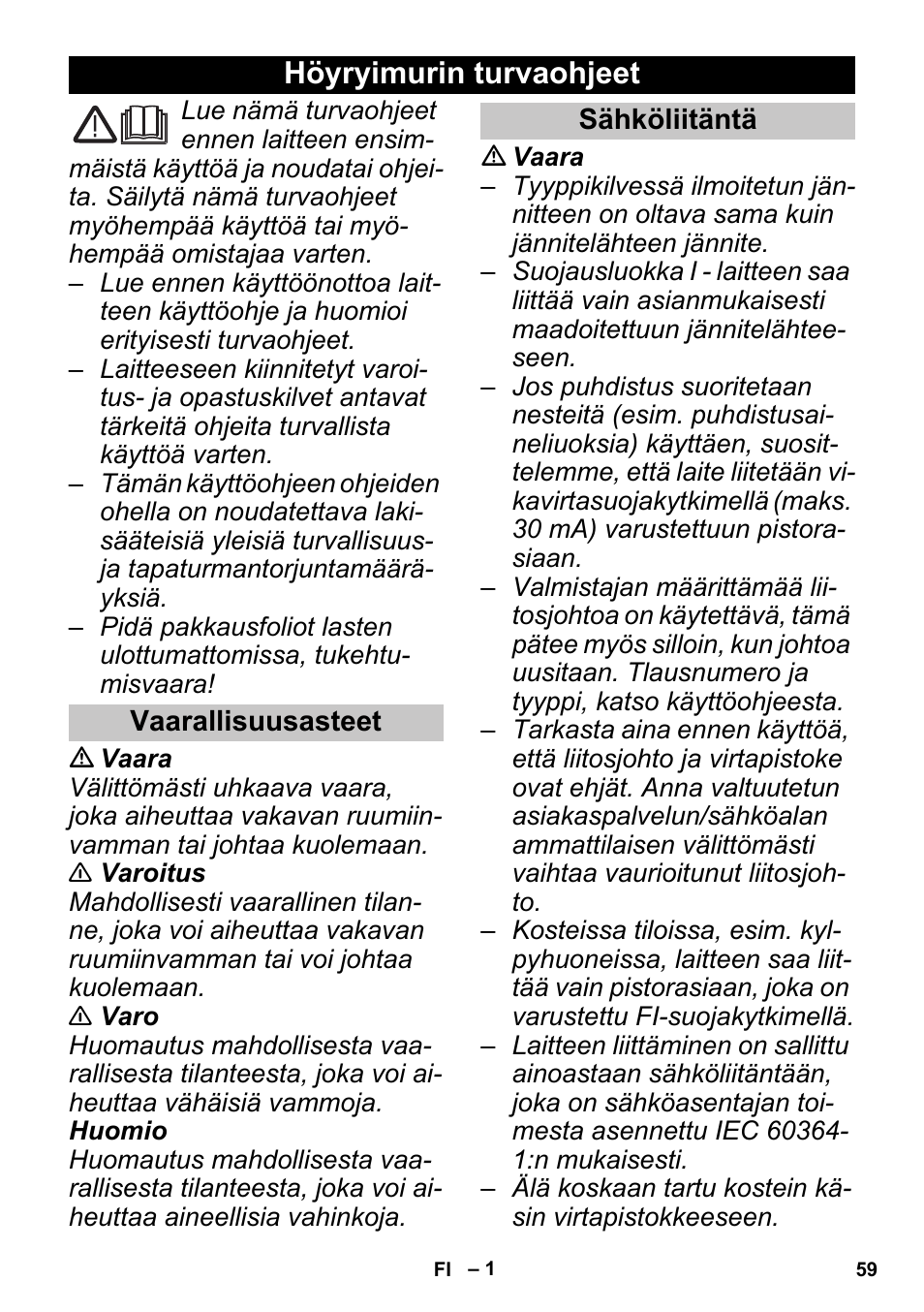 Suomi, Höyryimurin turvaohjeet, Vaarallisuusasteet | Sähköliitäntä | Karcher SGV 8-5 User Manual | Page 59 / 156
