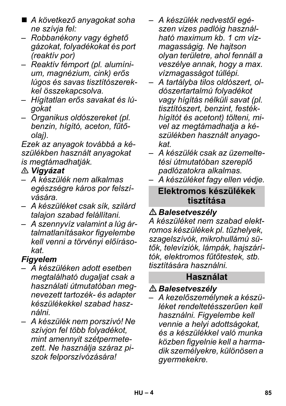 Elektromos készülékek tisztítása, Használat | Karcher SGV 8-5 User Manual | Page 85 / 156