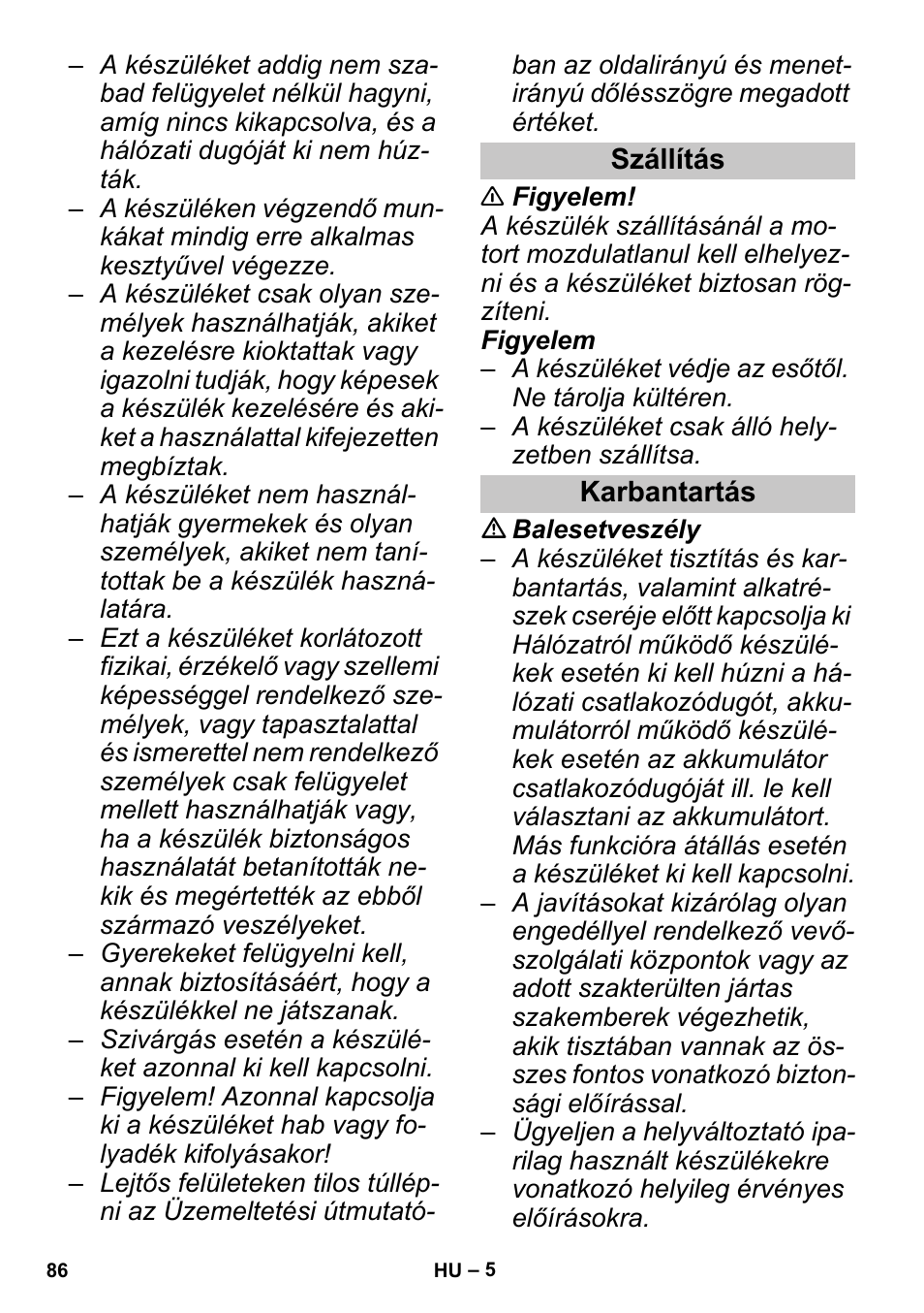 Szállítás, Karbantartás | Karcher SGV 8-5 User Manual | Page 86 / 156