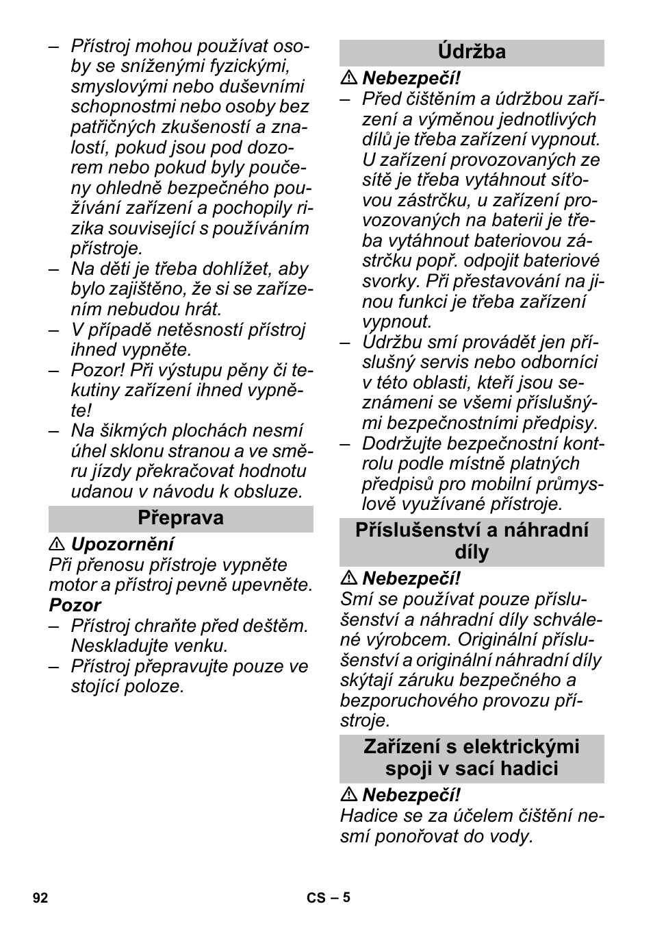 Přeprava, Údržba, Příslušenství a náhradní díly | Zařízení s elektrickými spoji v sací hadici | Karcher SGV 8-5 User Manual | Page 92 / 156
