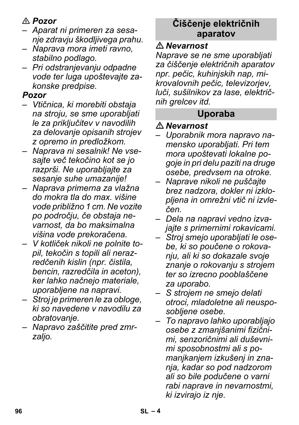 Čiščenje električnih aparatov, Uporaba | Karcher SGV 8-5 User Manual | Page 96 / 156